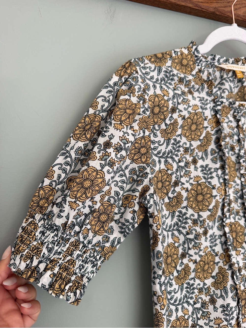 Downeast Boho Floral Print Puff Short Sleeve Button Down Blouse Top Cottagecore - Picture 3 of 12